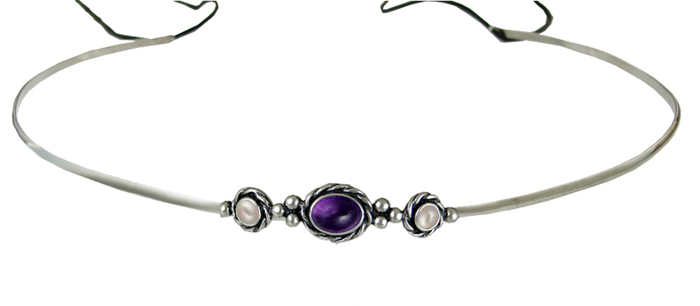 Sterling Silver Renaissance Style Headpiece Circlet Tiara Amethyst And Cultured Freshwater Pearl